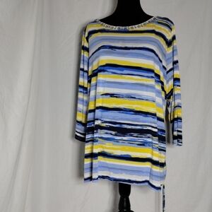 Ruby Rd Woman Striped Three Quarter Sleeve Embellished  Neckline Top Size 2X